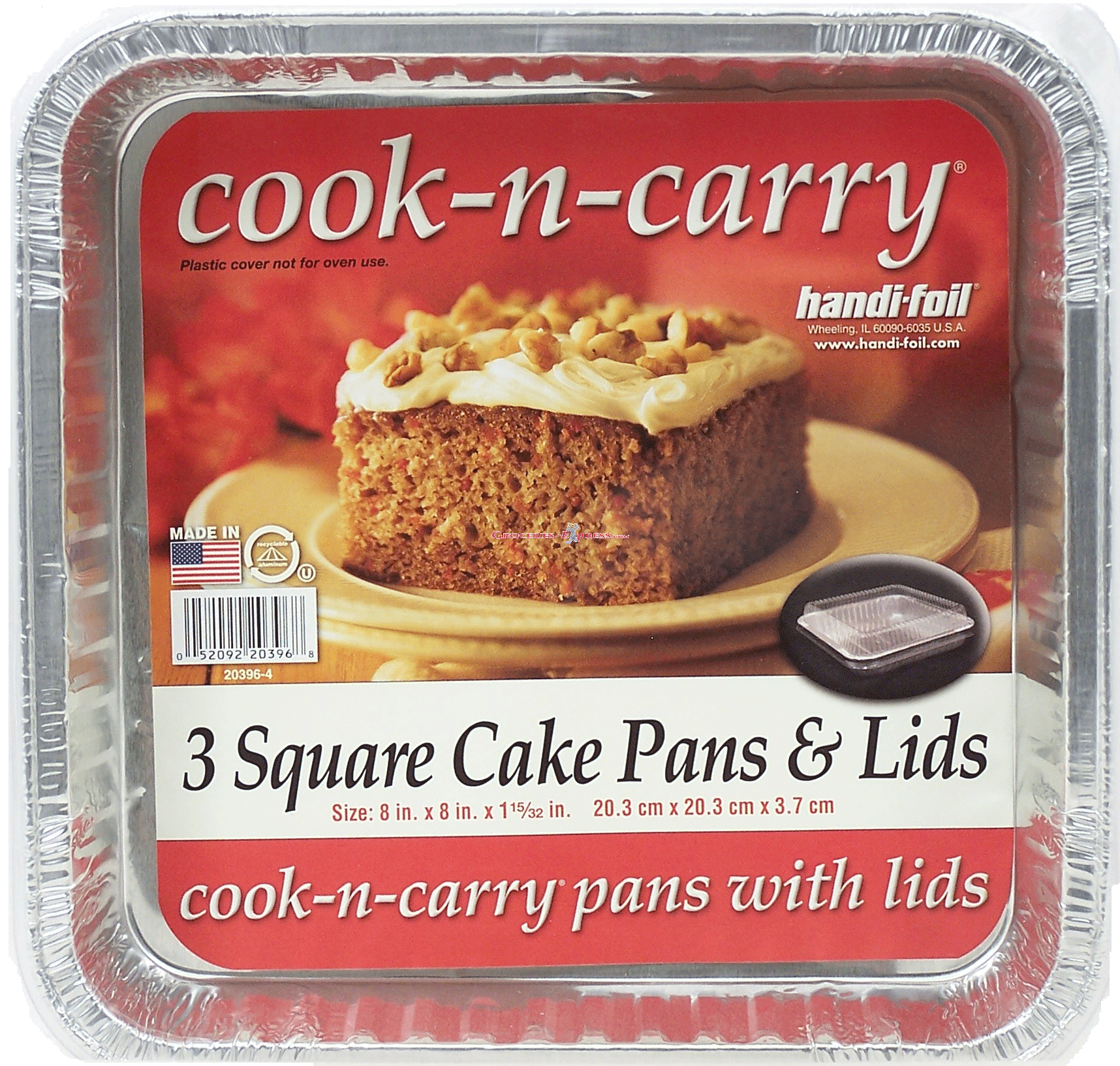 Handi-foil Cook-n-carry 3 cake pans & lids, size 8in x 8in x 1 15/32in Full-Size Picture